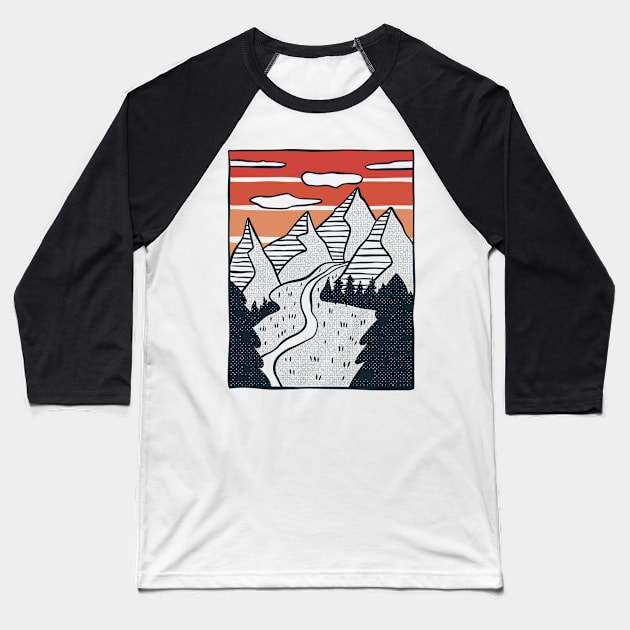 Golden Serenity: Hand-Drawn Valley Sunset Baseball T-Shirt by elaissiiliass